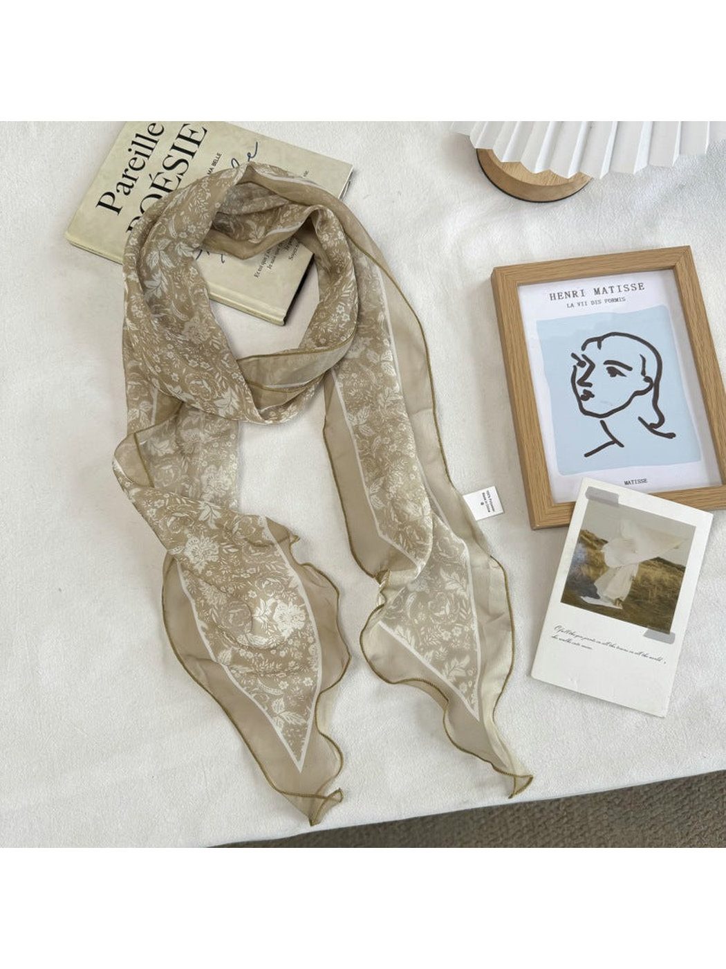White Floral long scarf with botanical print, full view