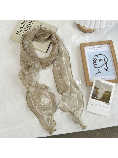 White Floral long scarf with botanical print, full view