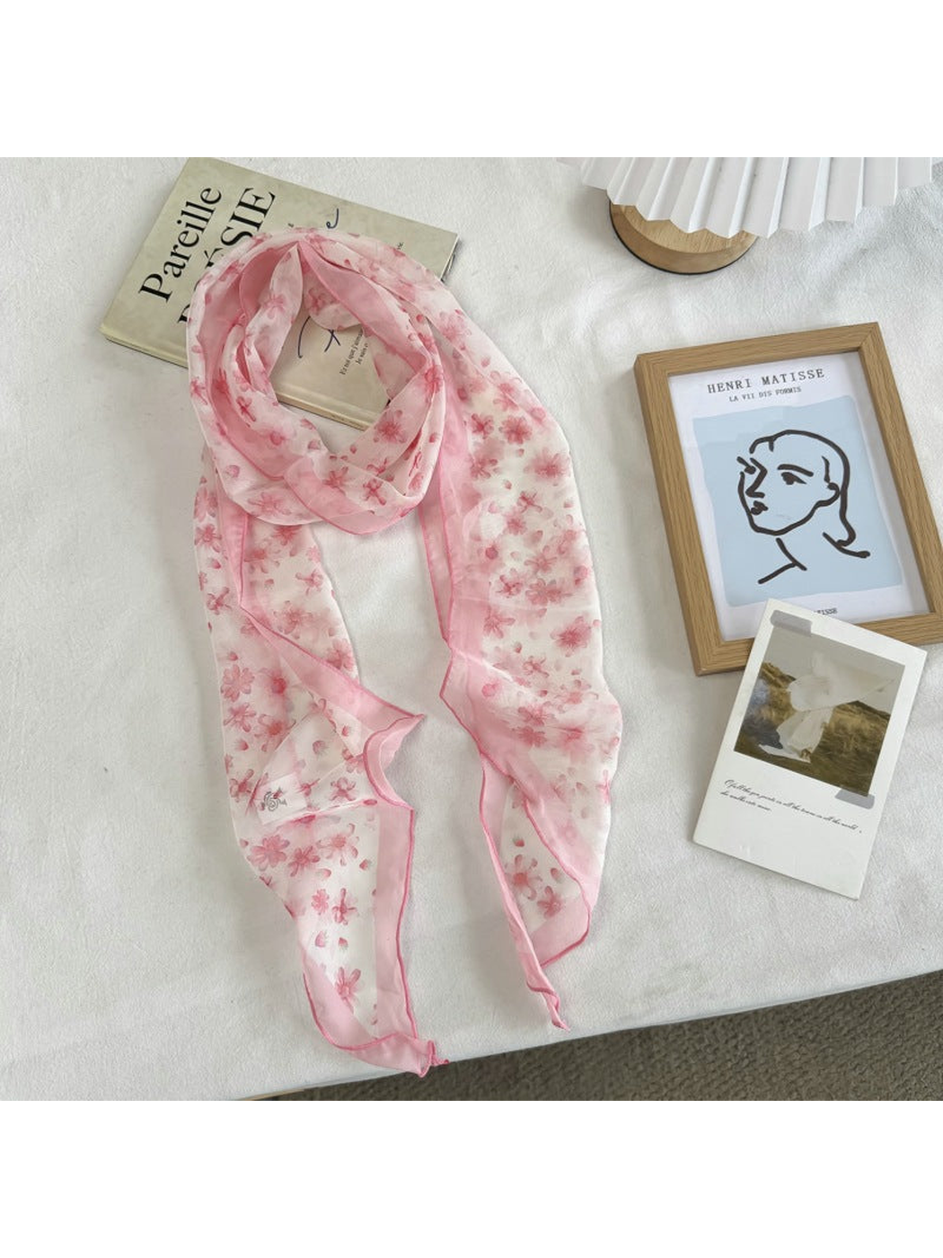 Pink Floral long scarf with scattered blossom print, full view