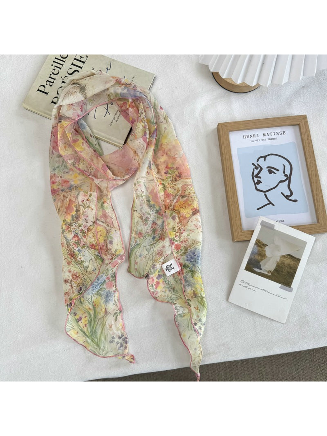 Multicolor Floral long scarf with garden print, full view