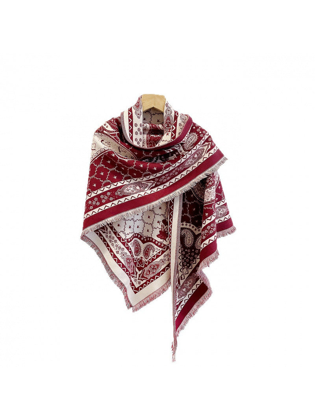 Red paisley triangle scarf with geometric border and short fringe