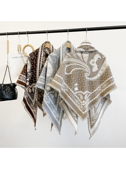 Coffee, gray and khaki paisley triangle scarves displayed from the reverse side