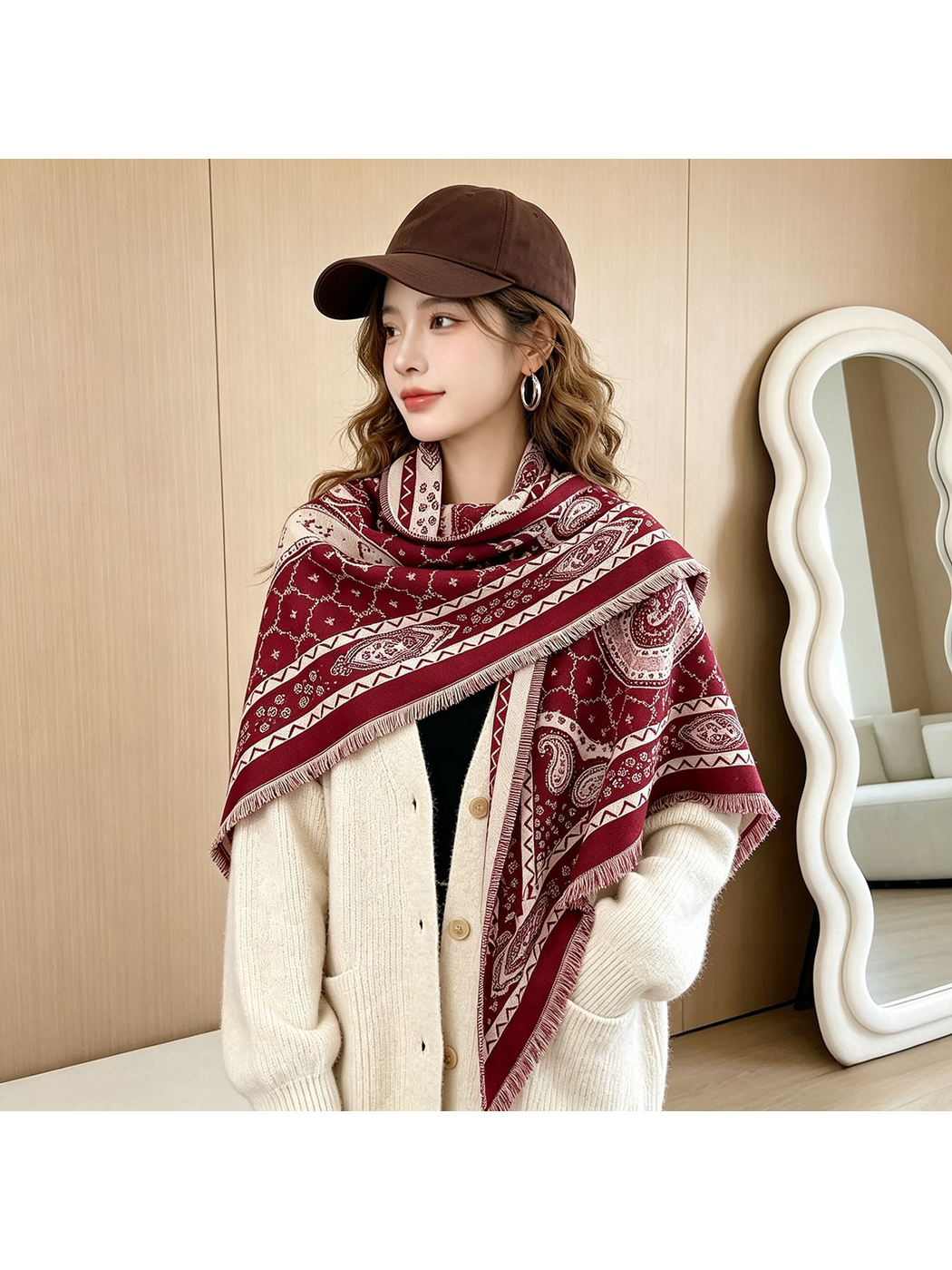 Red paisley triangle scarf styled across the shoulders with a cream cardigan