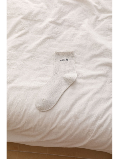Light Gray ankle sock with ribbed cuff and heart lettering
