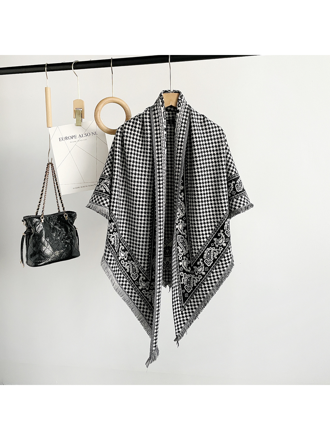 Black houndstooth and paisley triangle scarf with fringed edges