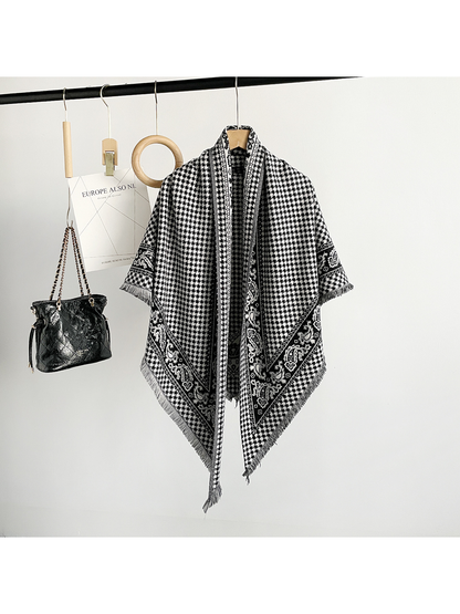 Black houndstooth and paisley triangle scarf with fringed edges