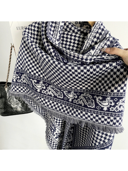 Close-up of the houndstooth and paisley scarf pattern with fringed edge