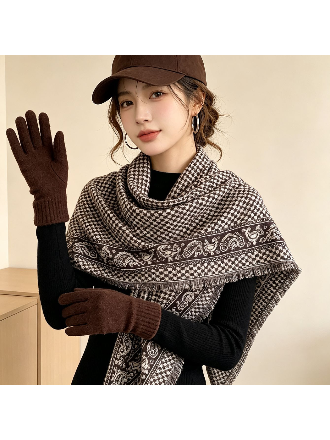 Brown houndstooth and paisley scarf styled over a black top