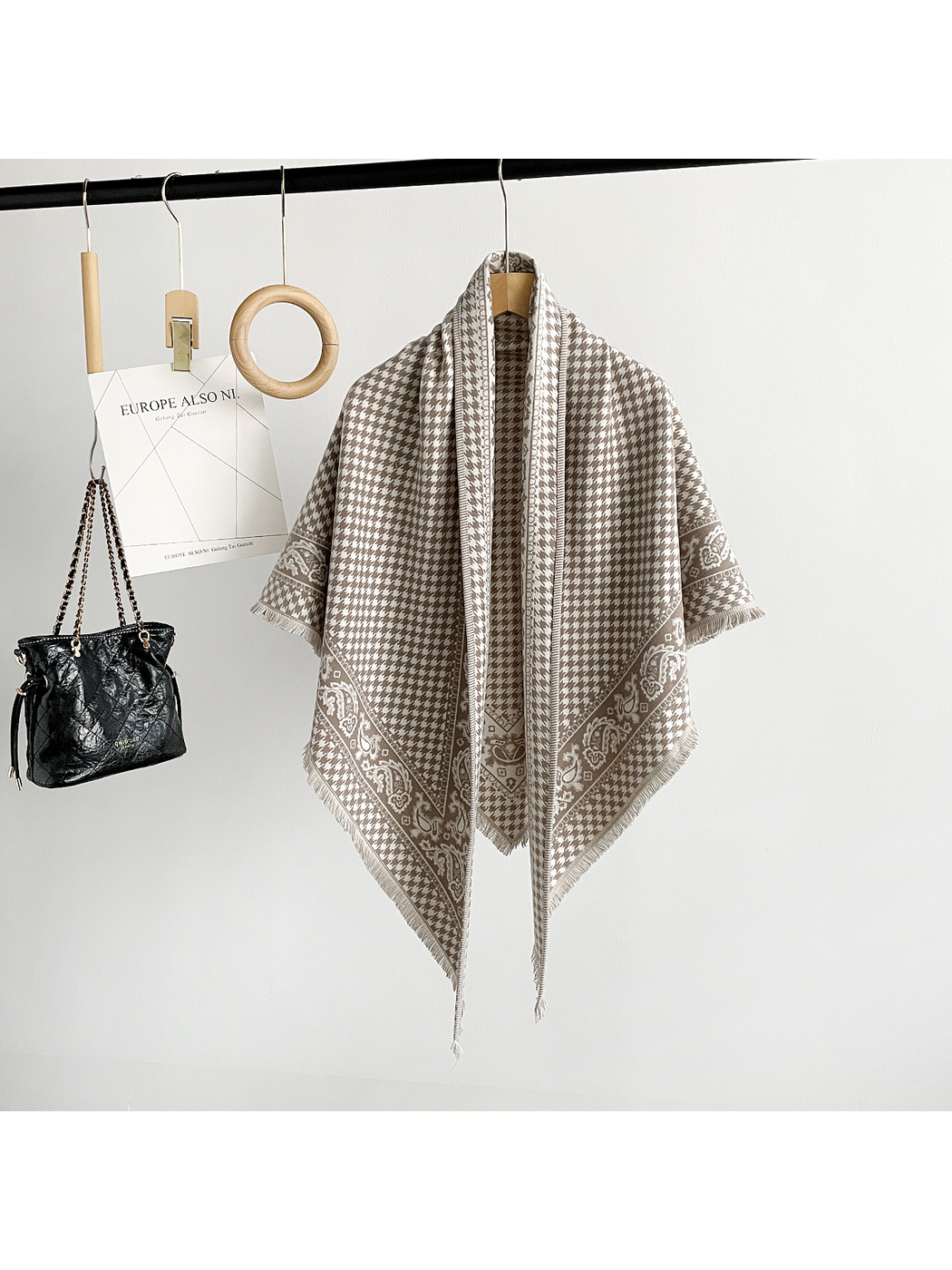 Khaki houndstooth and paisley triangle scarf with fringed edges