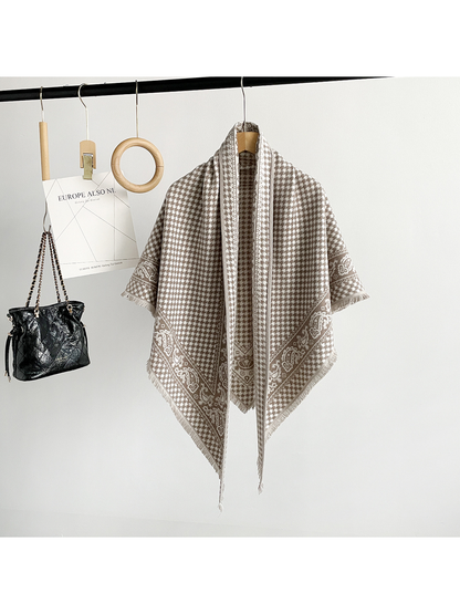 Khaki houndstooth and paisley triangle scarf with fringed edges