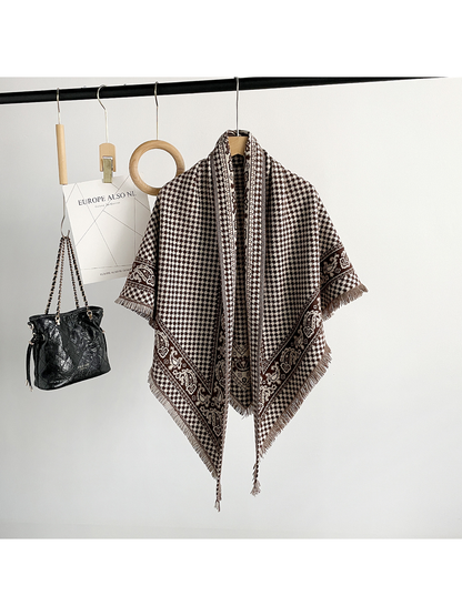 Brown houndstooth and paisley triangle scarf with fringed edges