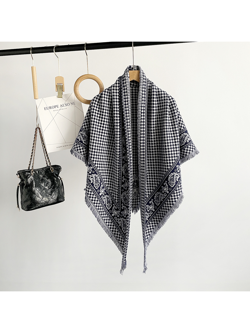 Navy houndstooth and paisley triangle scarf with fringed edges