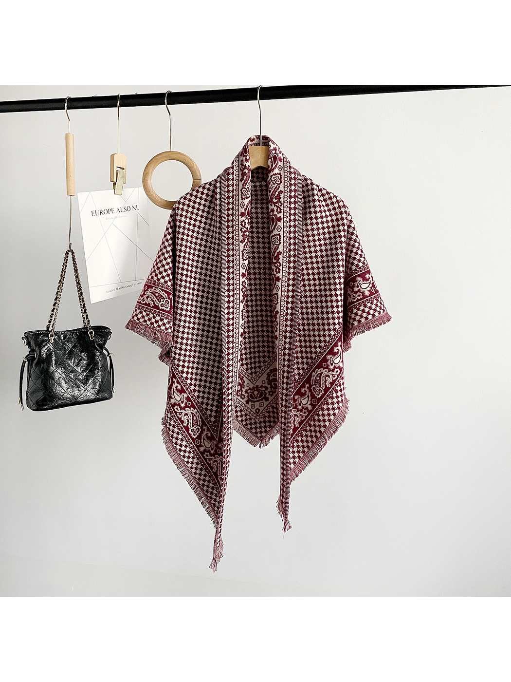 Burgundy houndstooth and paisley triangle scarf with fringed edges