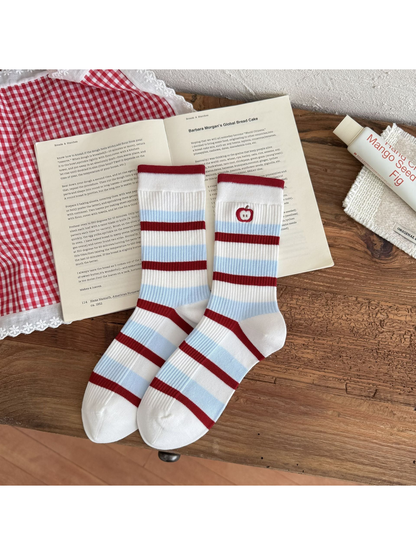 Apple style crew socks with red and light blue stripes and embroidered apple motif