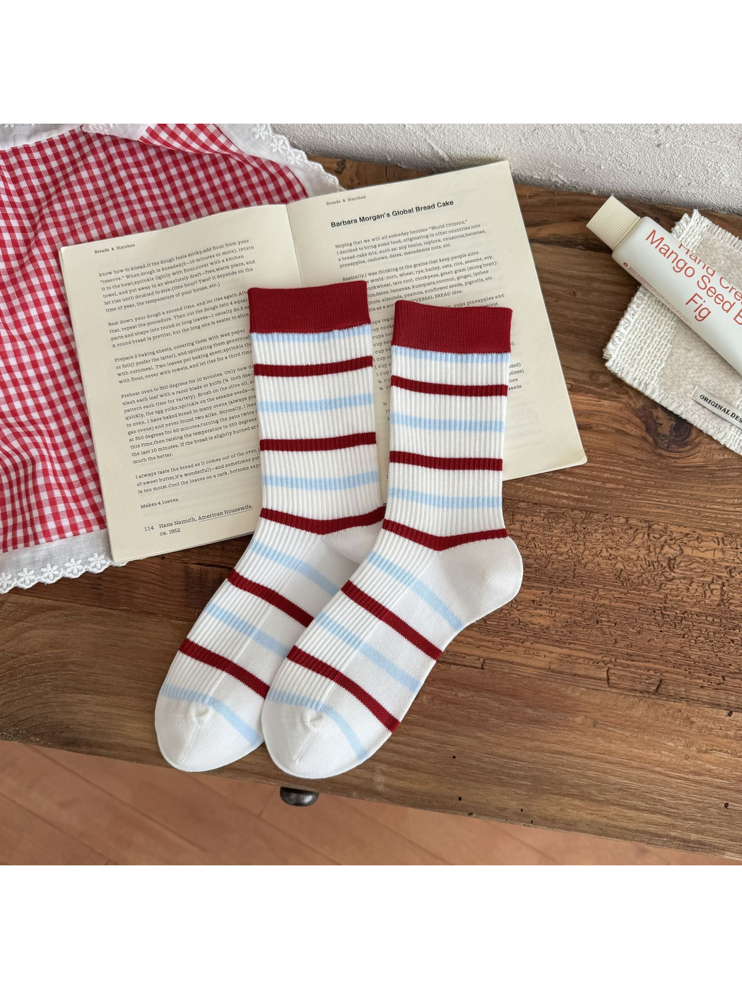 Stripes style crew socks with alternating red and light blue bands