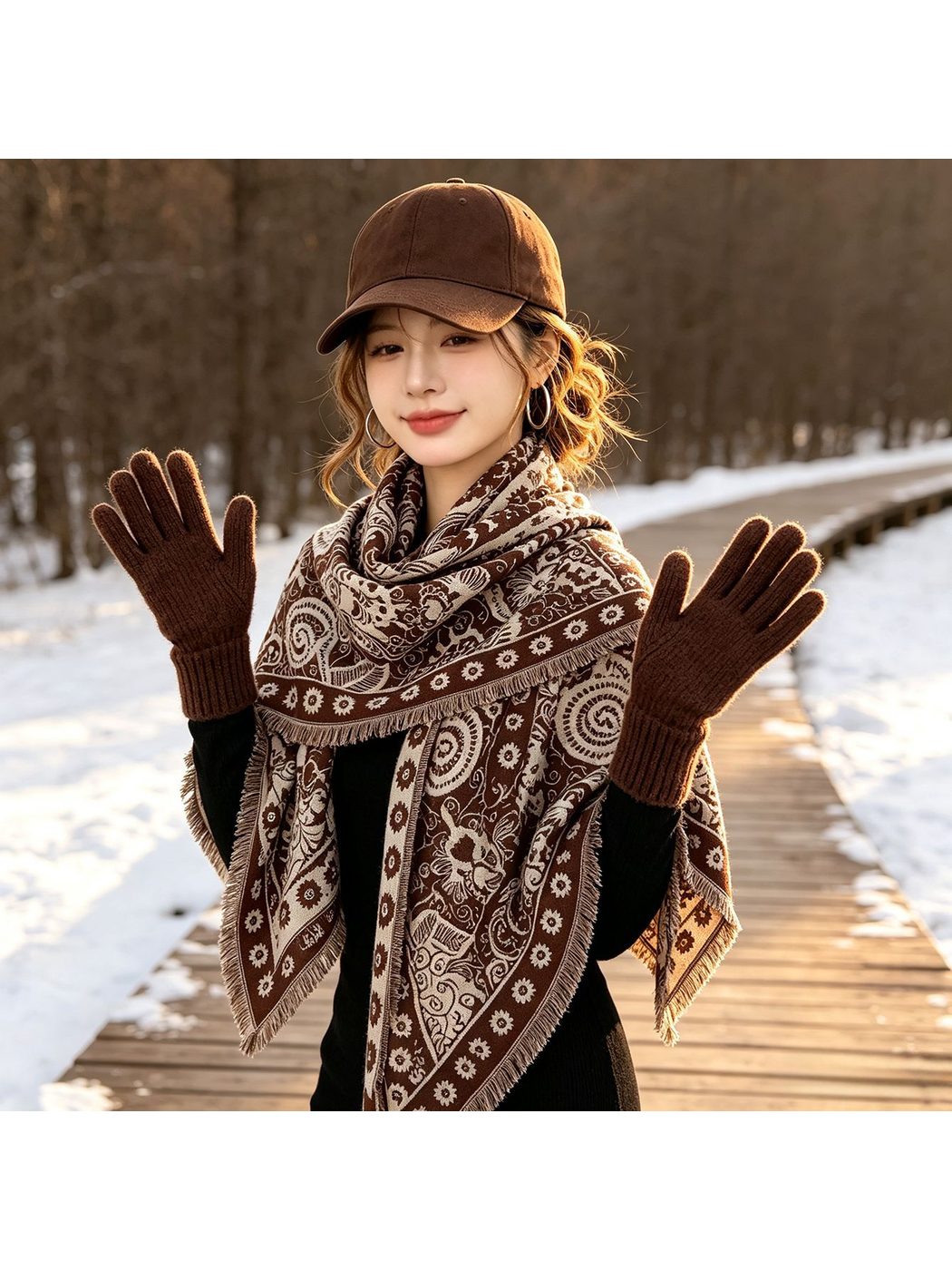 Brown paisley triangle scarf worn over a dark top in a snowy outdoor setting