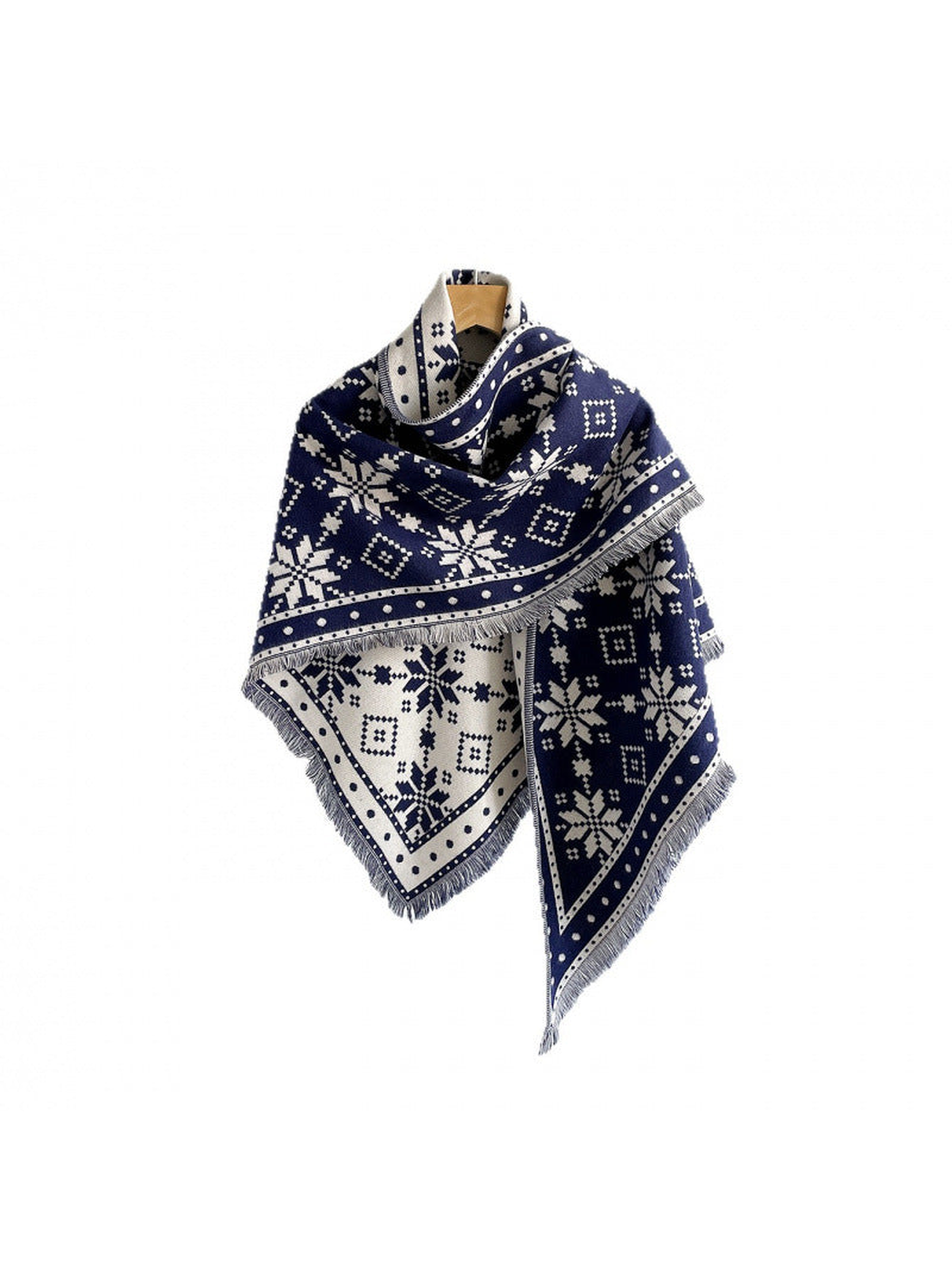 Navy triangle scarf with snowflake motifs, dotted border, and short fringe