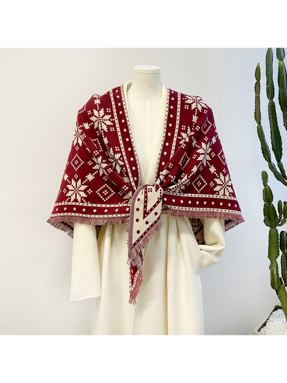 Burgundy snowflake triangle scarf tied over a mannequin