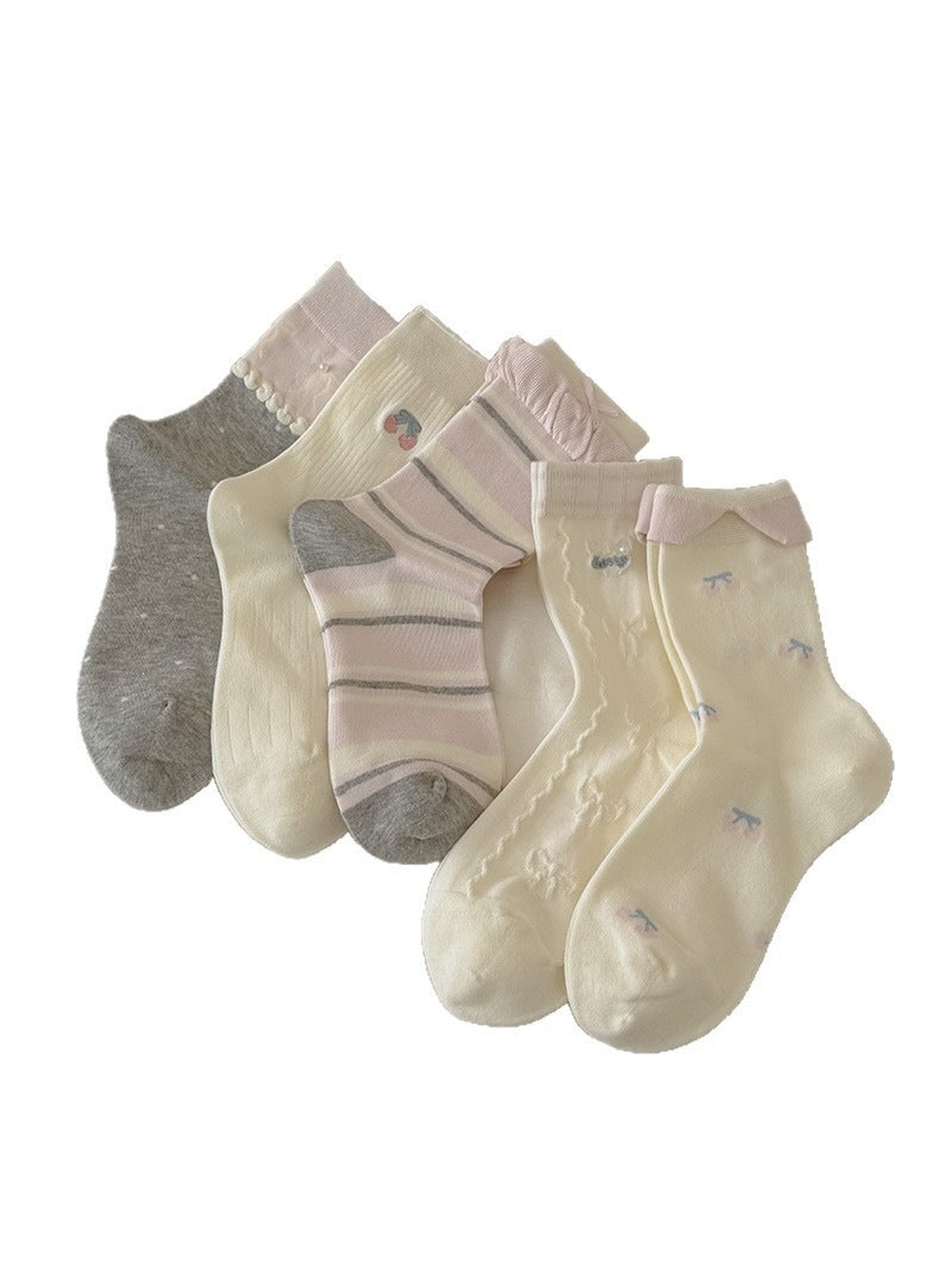 Assorted ivory, pink and gray crew sock styles displayed together
