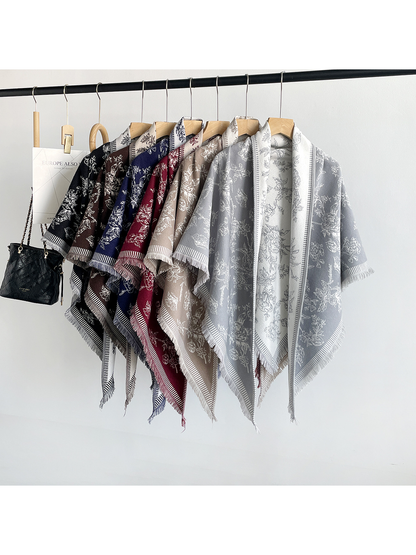 Black, burgundy, navy, light gray, dark brown and khaki floral scarves displayed together