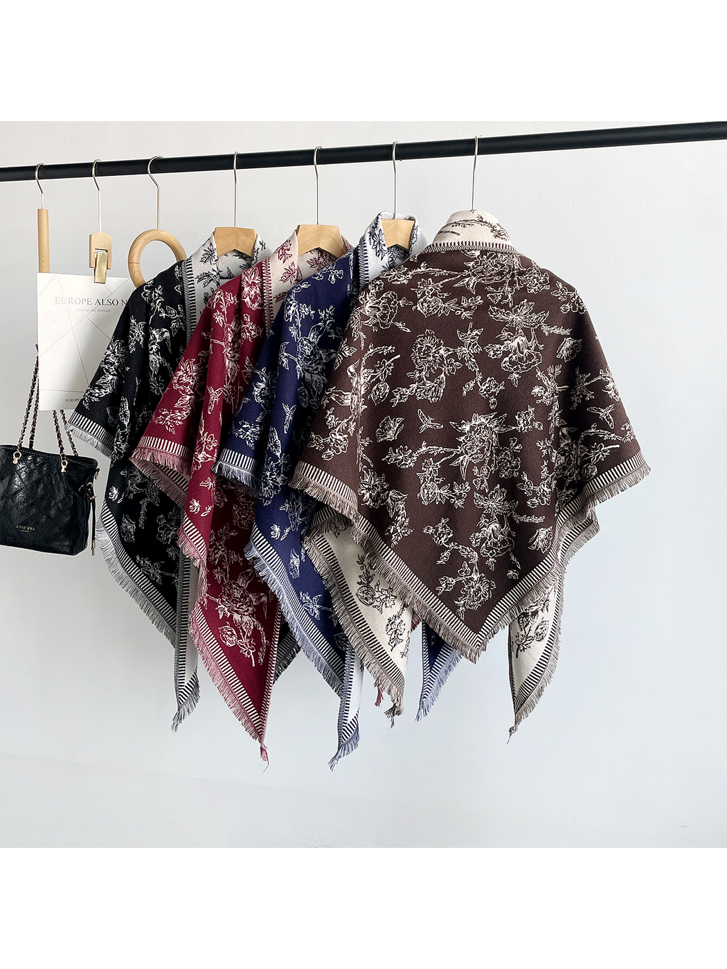 Black, burgundy, navy and dark brown floral scarves with a reverse-side view