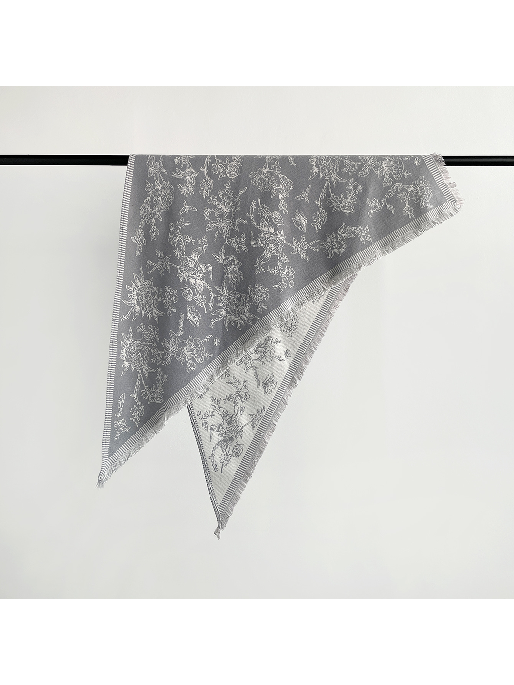 Light Gray floral triangle scarf with striped border and short fringe