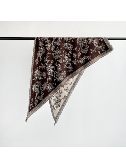 Dark Brown floral triangle scarf with striped border and short fringe
