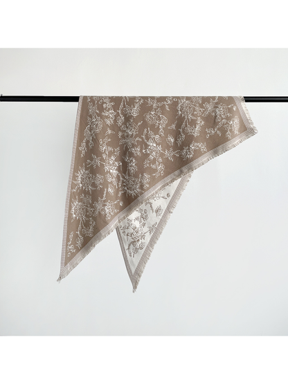 Khaki floral triangle scarf with striped border and short fringe