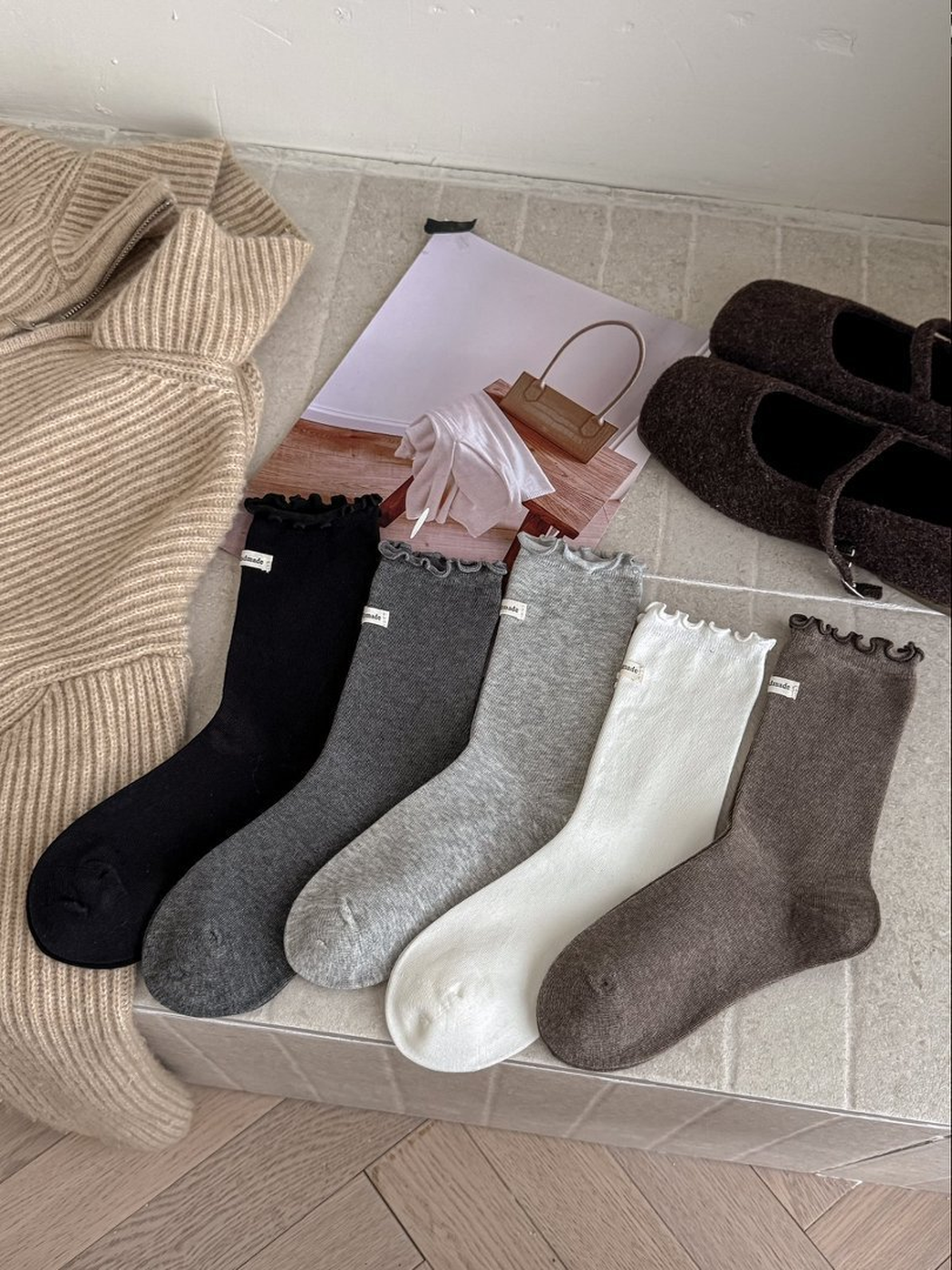Black, Dark Gray, Coffee, Light Gray and White ruffle-cuff crew socks displayed together