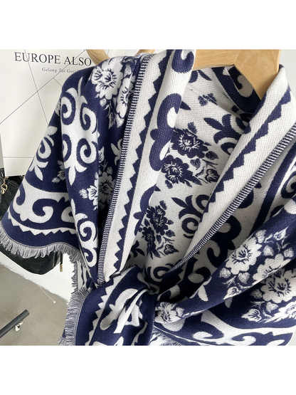 Close-up of the navy woven-look pattern and stitched border