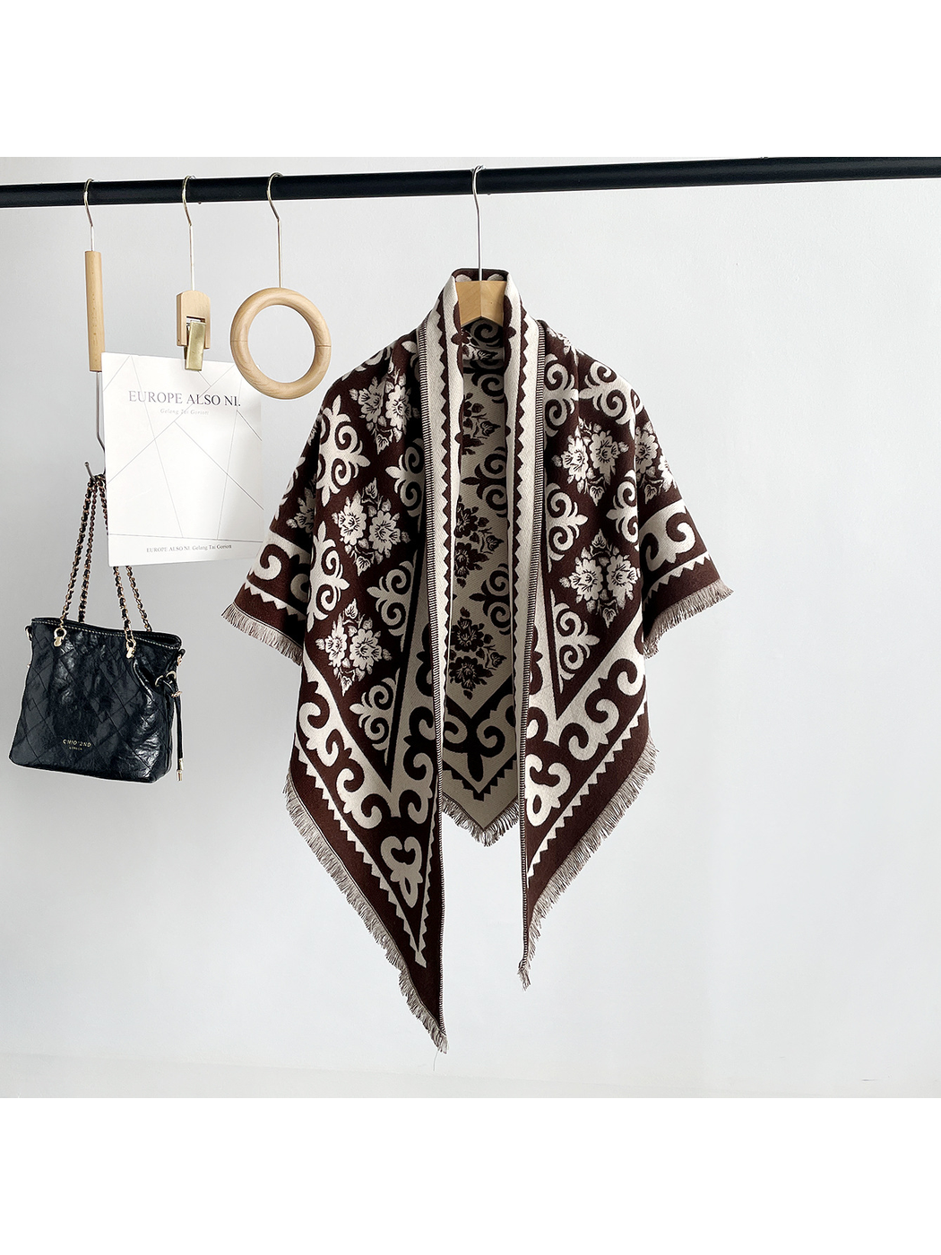 Dark Brown patterned triangle scarf with short fringe, front view