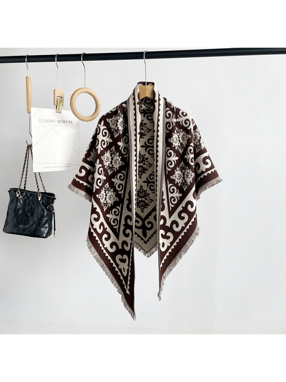 Dark Brown patterned triangle scarf with short fringe, front view