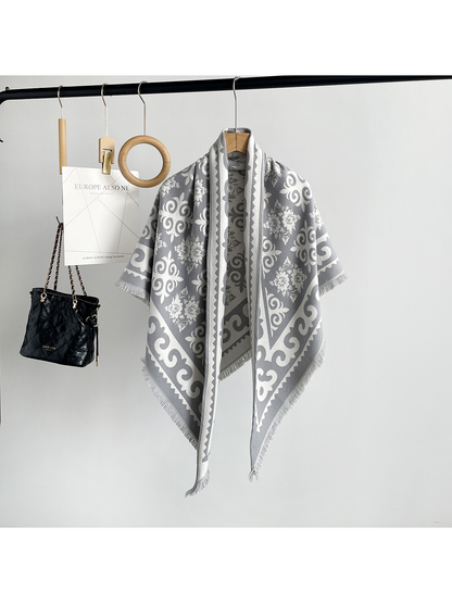 Gray patterned triangle scarf with short fringe, front view