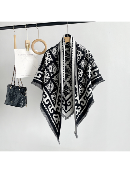 Black patterned triangle scarf with short fringe, front view