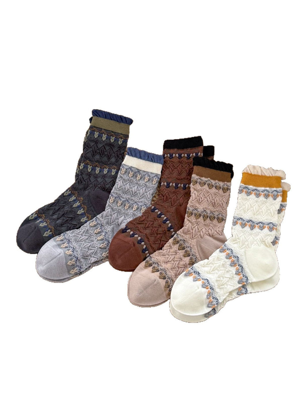 Five colors of patterned crew socks with ruffled cuffs displayed on a white background
