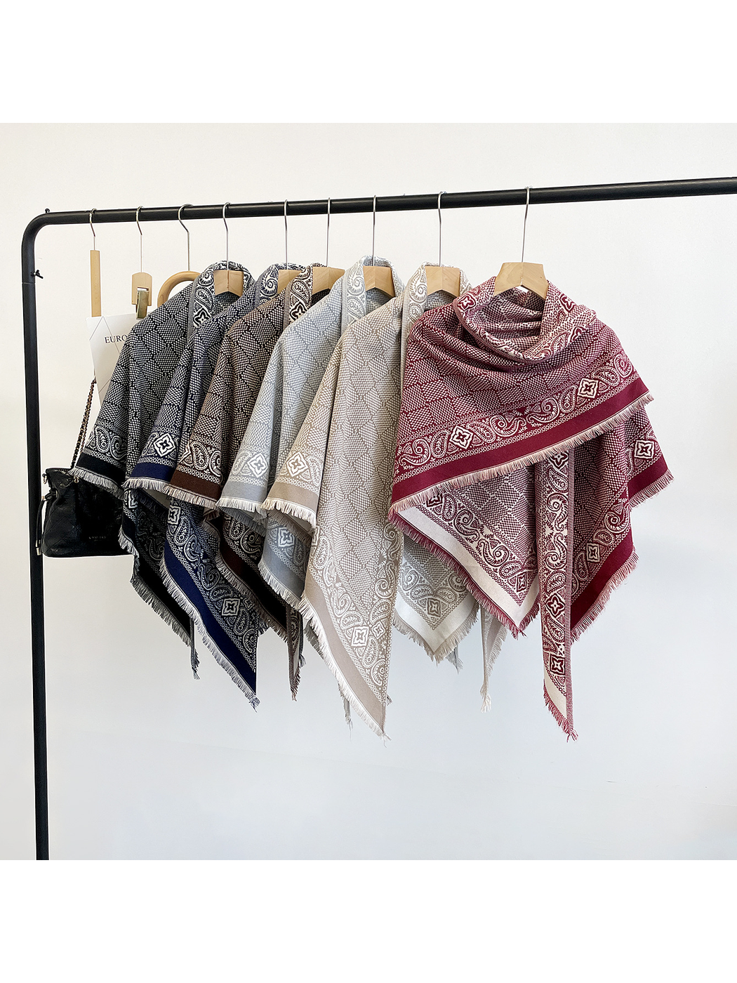 Black, Navy, Coffee, Gray, Khaki and Burgundy geometric scarves displayed together