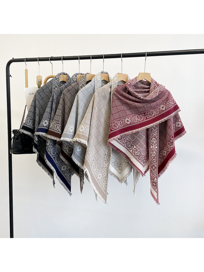 Black, Navy, Coffee, Gray, Khaki and Burgundy geometric scarves displayed together