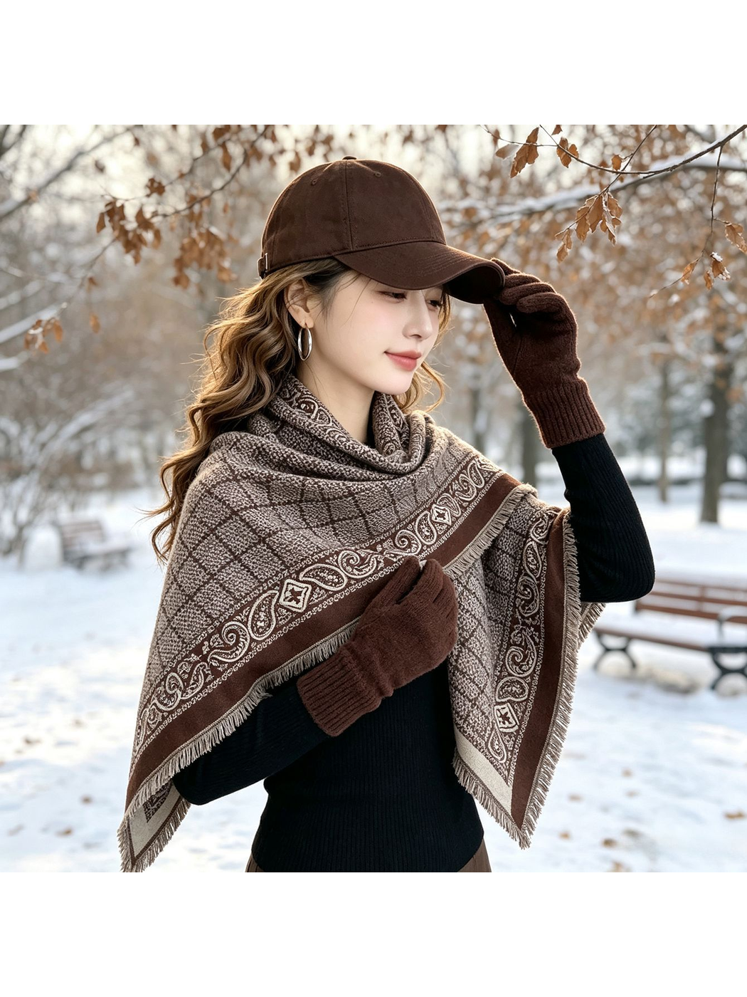 Coffee geometric scarf with paisley border worn over a black top outdoors
