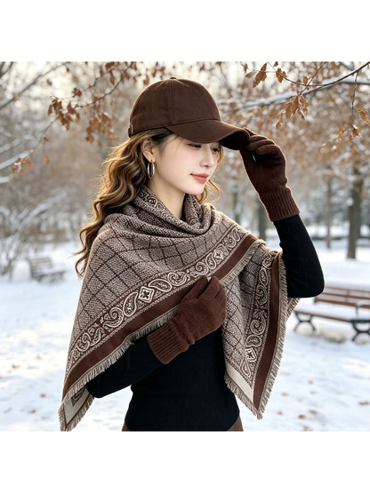 Coffee geometric scarf with paisley border worn over a black top outdoors