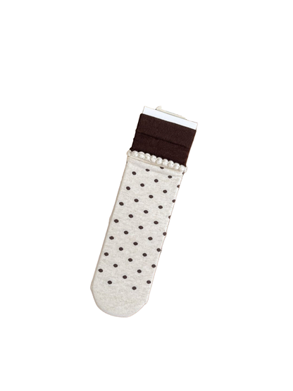 Polka Dots ivory crew sock with dark brown cuff, full product view