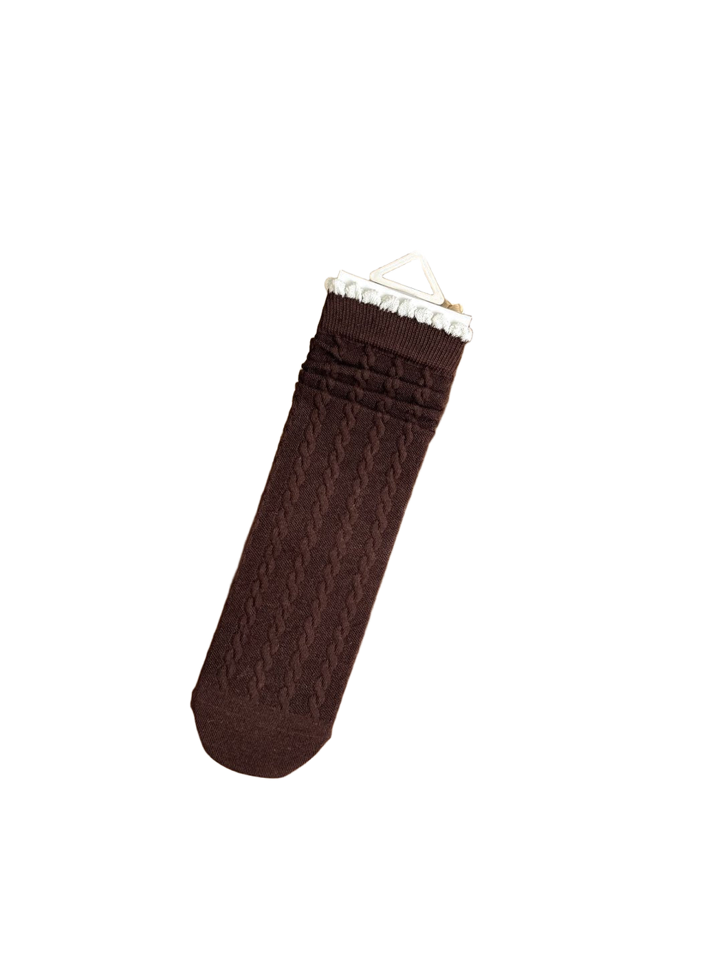 Cable dark brown crew sock with raised knit texture, full product view