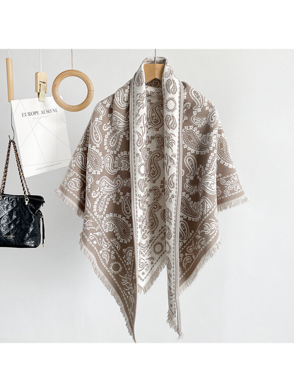 Khaki paisley triangle scarf with short fringe, hanging view