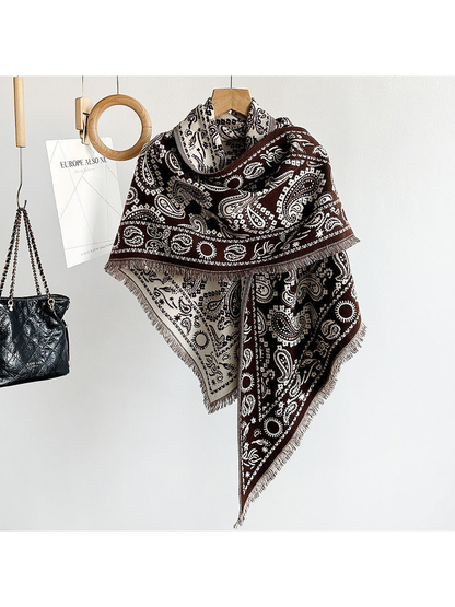 Coffee paisley triangle scarf with short fringe, hanging view
