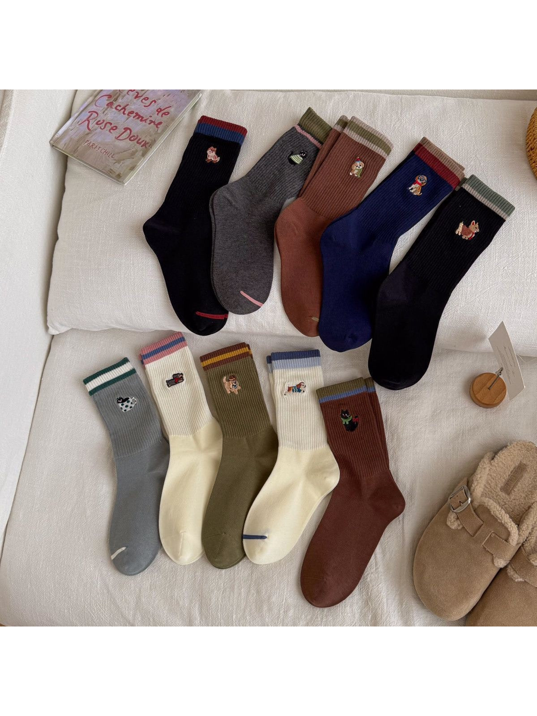 Assorted animal motif crew socks displayed together