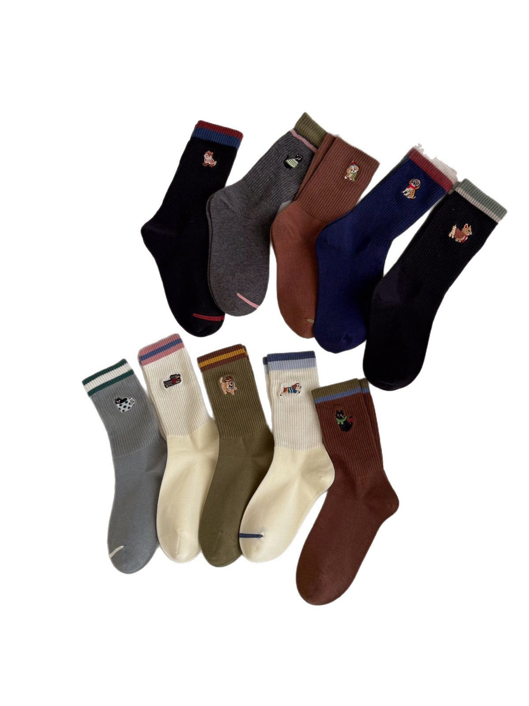 Assorted ribbed crew socks with striped cuffs and animal motifs