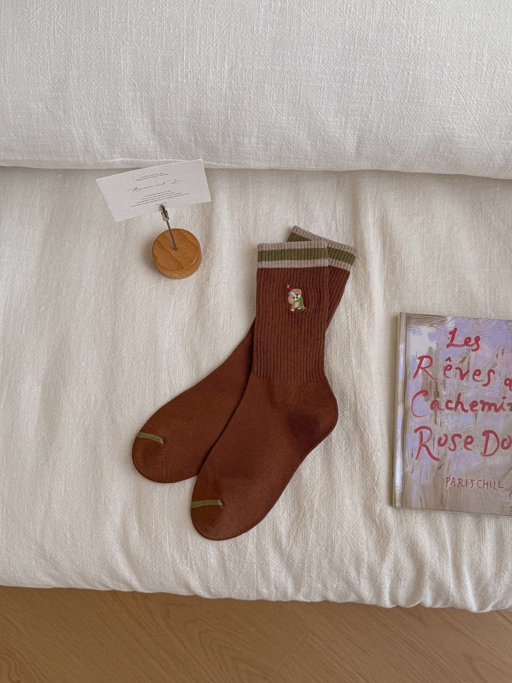 Party Dog brown crew socks with striped cuffs