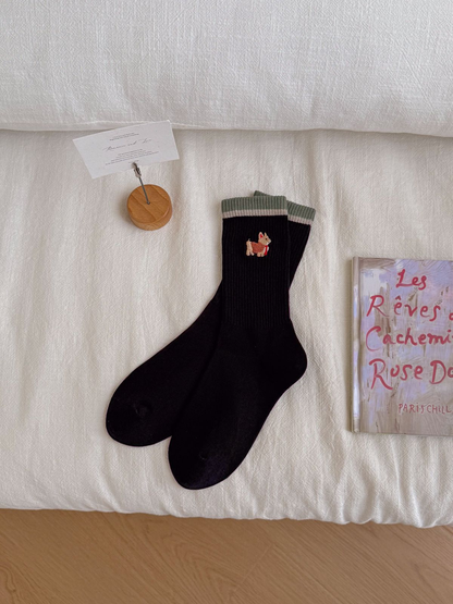 Corgi black crew socks with green striped cuffs