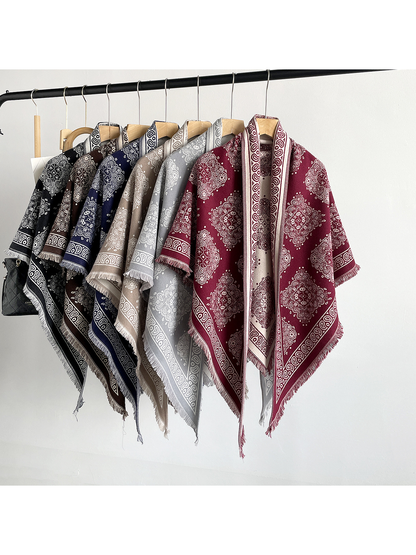 Six color variations of the medallion-pattern triangle scarf displayed together