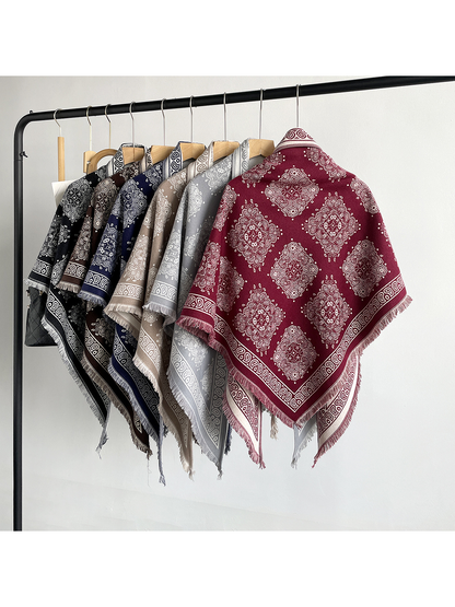 Burgundy scarf displayed from the reverse side with five other color variations behind it