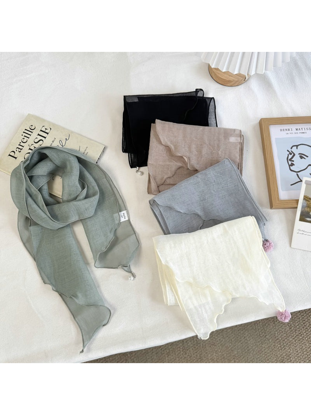 Green, Black, Greige, Blue Gray and Ivory scarves displayed together